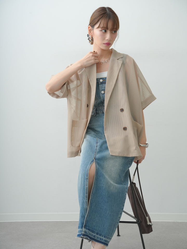 [SET]フロントボタンデニムジャンパースカート+カップ付きバッククロスキャミソール+メッシュハーフWジャケット(3set)