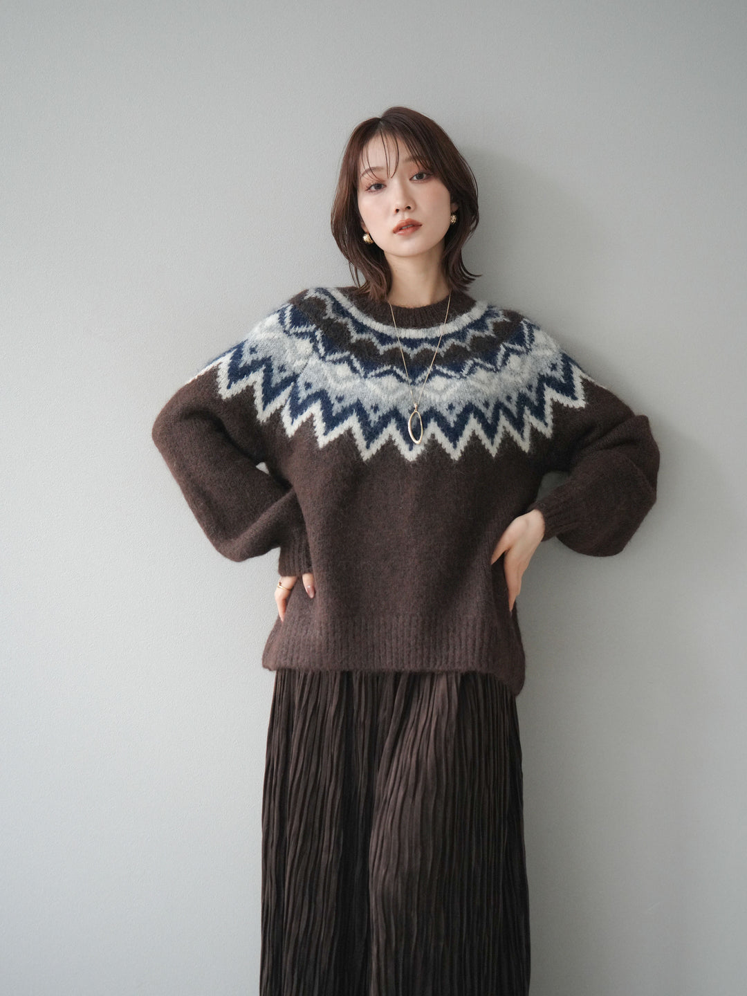 [予約]求心柄オーバーニットプルオーバー/brown