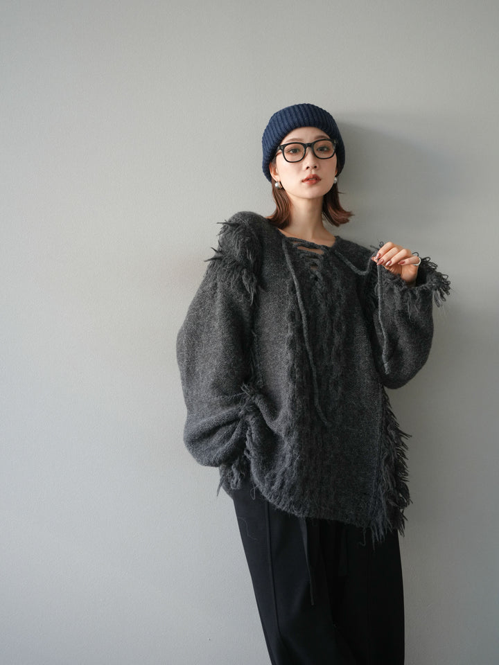 [予約]レースアップフリンジニットプルオーバー/gray