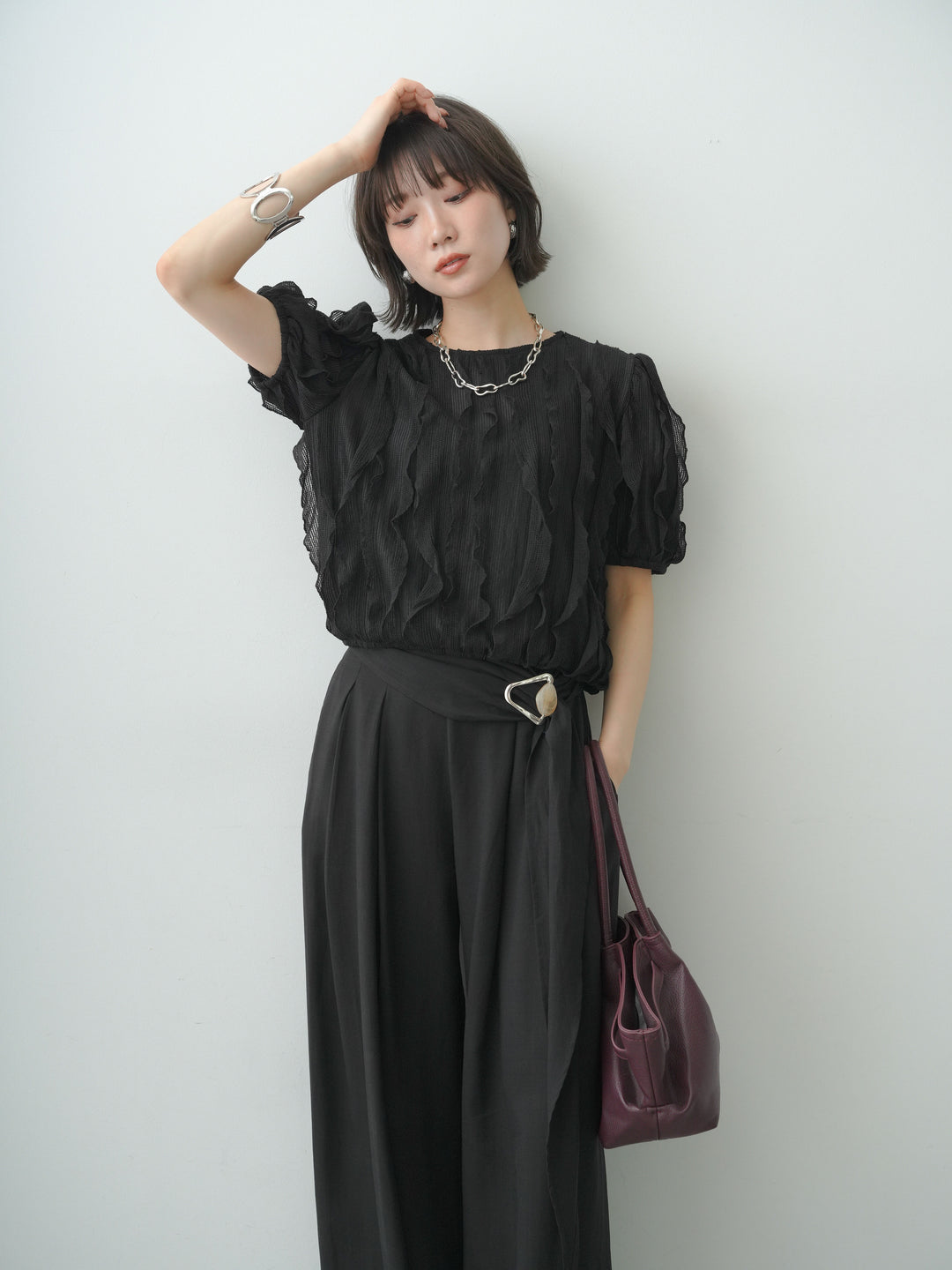[予約]ウェーブフリルニットトップス/black