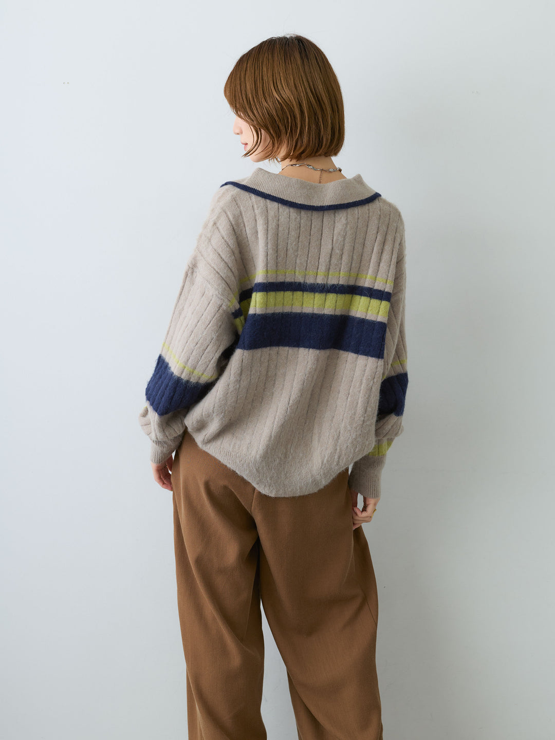 [予約]マルチボーダー起毛スキッパーニットトップス/greige