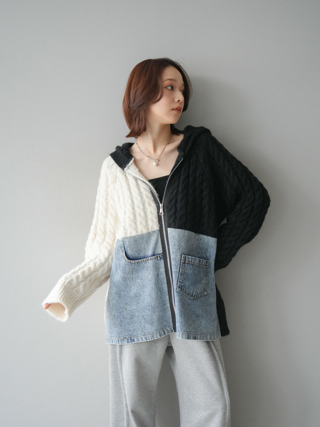 [予約]デニム×バイカラーニットZIPフーディ/black