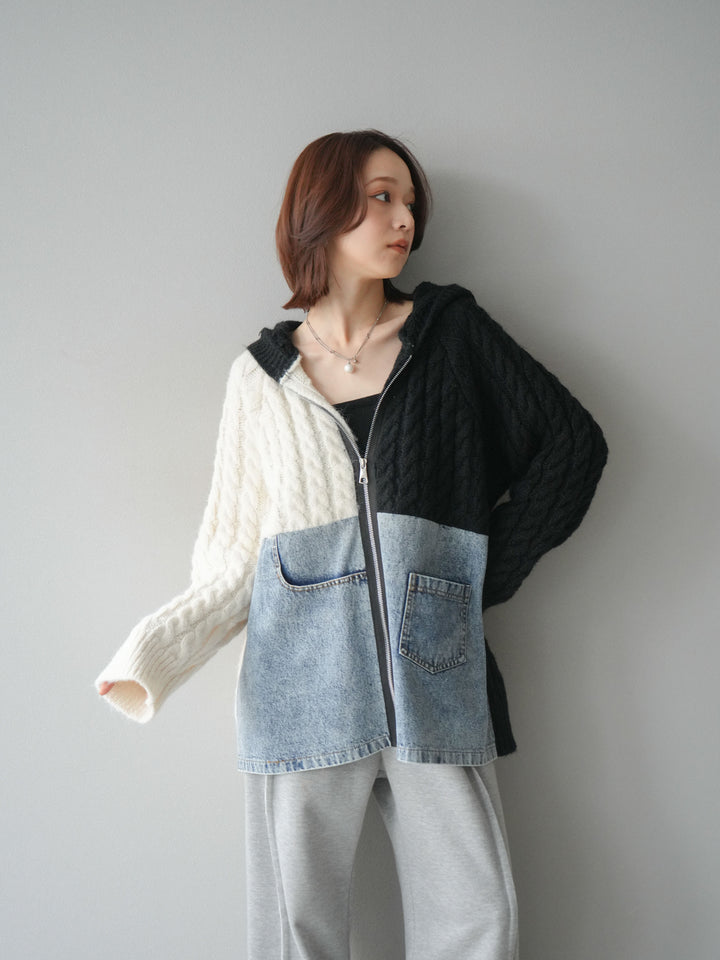 [予約]デニム×バイカラーニットZIPフーディ/black