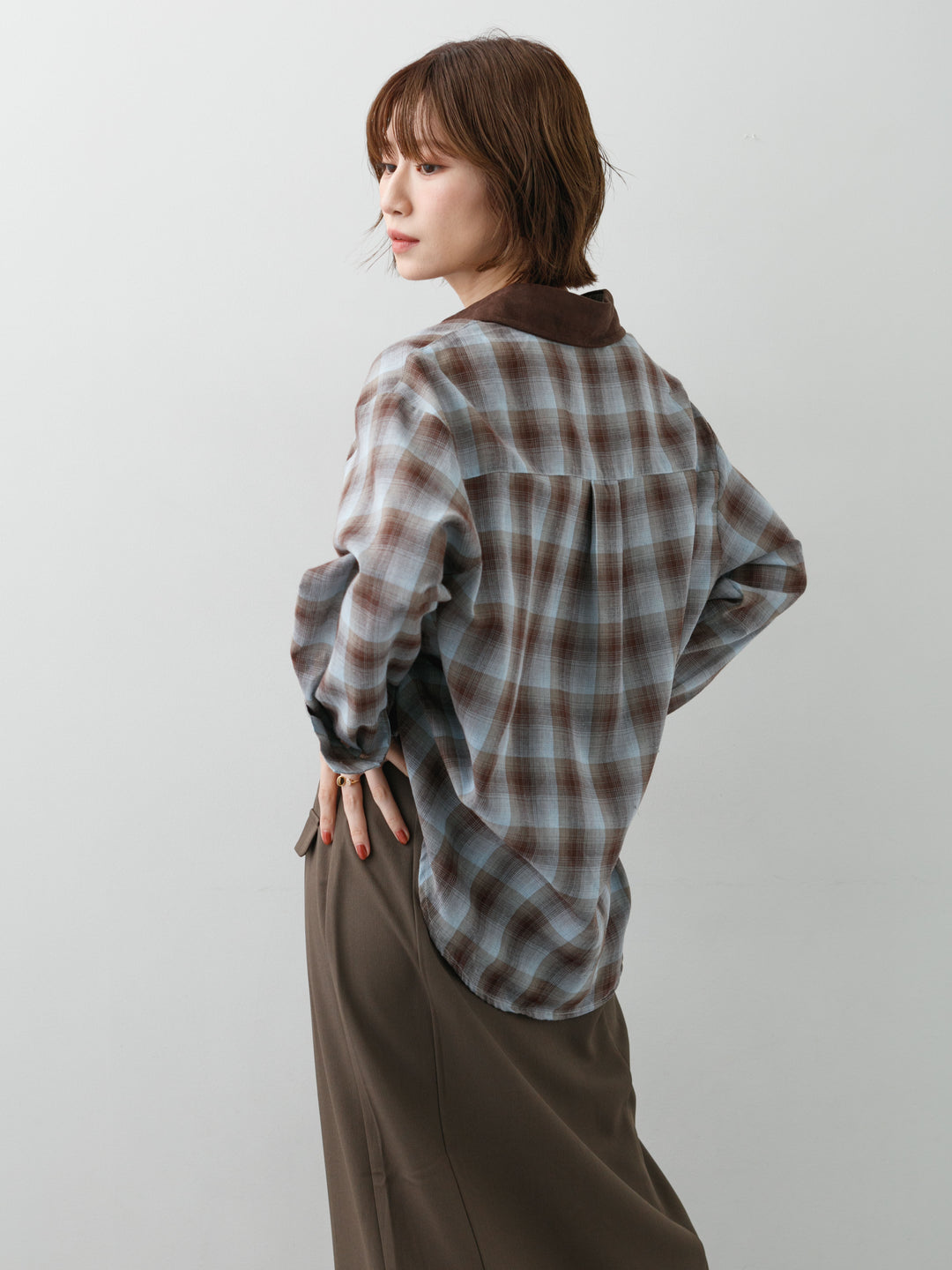 [SET]チェックオーバーシャツ+クレープデシンフラップ付きストレートスカート(2set)