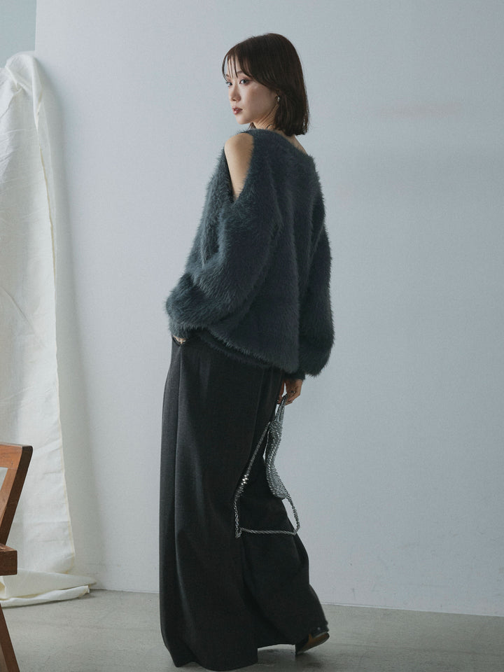 【Allure】[SET]ショルダースリットシャギーニットプルオーバー+スカーフ付ワイドパンツ(2set)