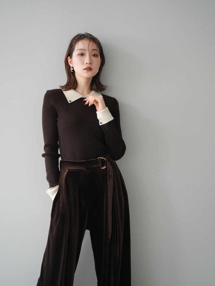 [予約]ニットカフス襟付き配色リブニットトップス/brown