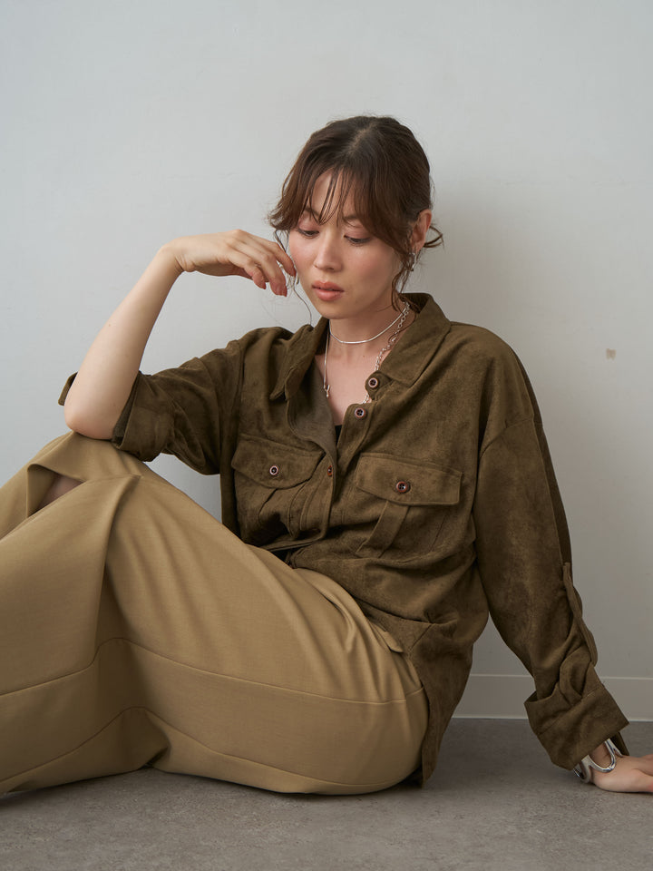 [SET]スウェードタッチWポケットシャツ+クレープデシンフラップ付きストレートスカート(2set)