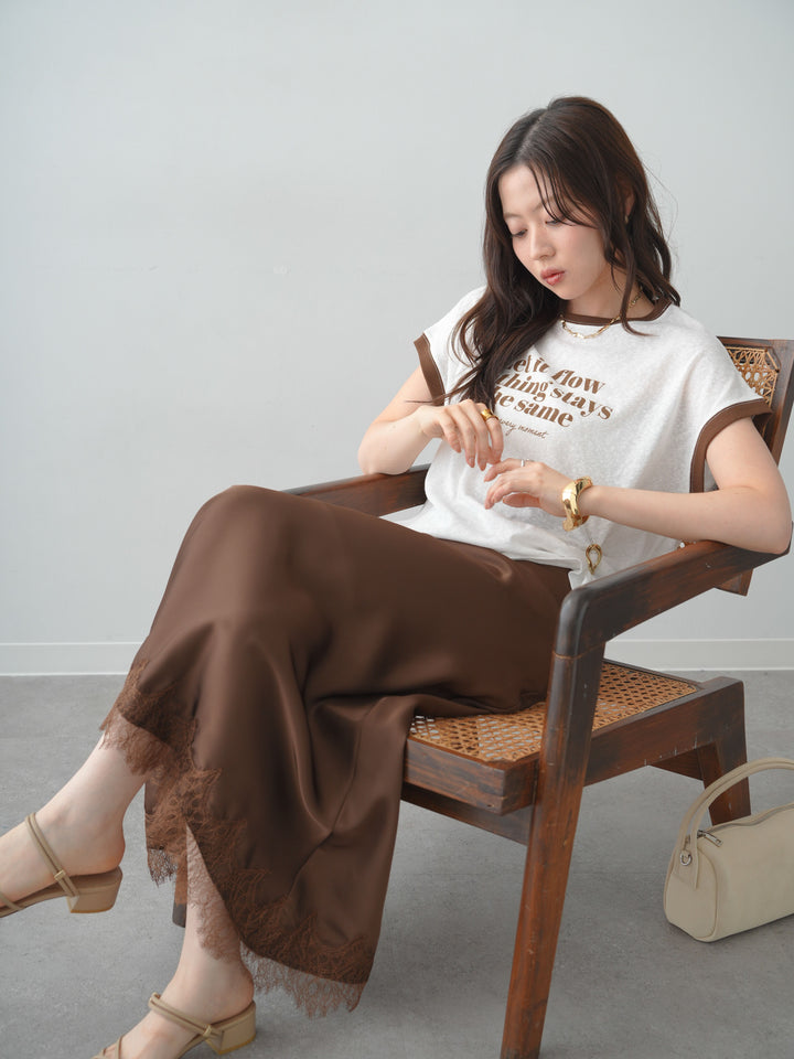 [SET]シアースラブバイカラーフレンチTEE+レースヘムサテンIラインスカート(2set)