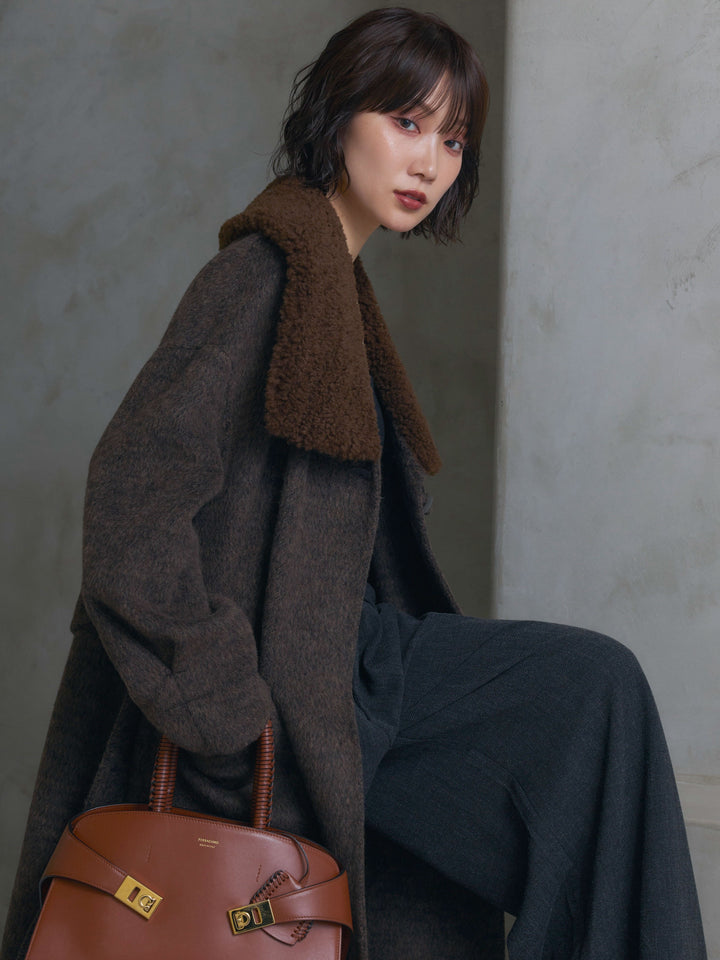 [予約]ボア襟ウールロングコート/brown