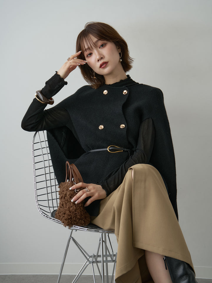 [SET]ゴールドボタンニットケープコート+クレープデシンフラップ付きストレートスカート(2set)