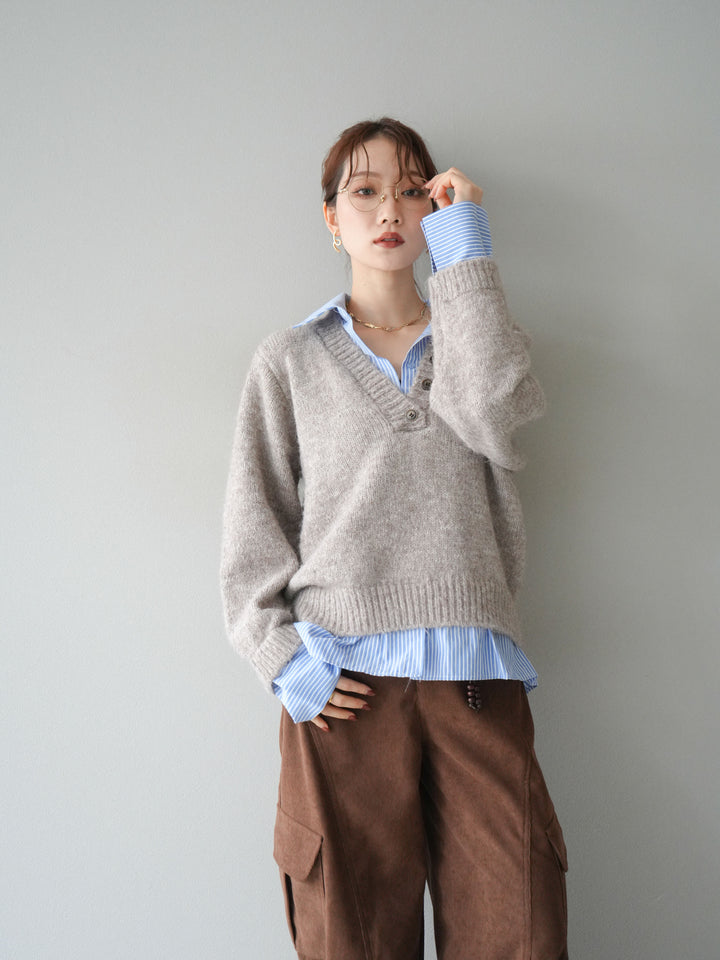 [予約]ストライプシャツドッキングMIXヤーンニットプルオーバー/beige