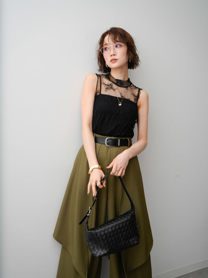 [予約]シースルーストレッチレースノースリトップス/black