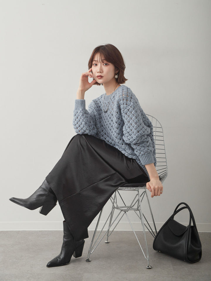 [SET]透かし編みニットプルオーバー+サテンIラインスカート(2set)