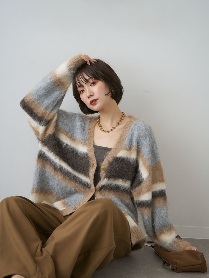 [SET]カラフルシャギーボーダーカーディガン+ダブルタックドレープストレートワイドパンツ(2set)