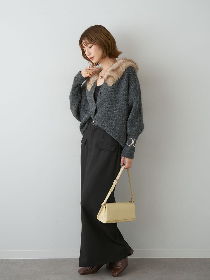 [SET]ファーカラードルマンリブニットカーディガン+クレープデシンフラップ付きストレートスカート(2set)