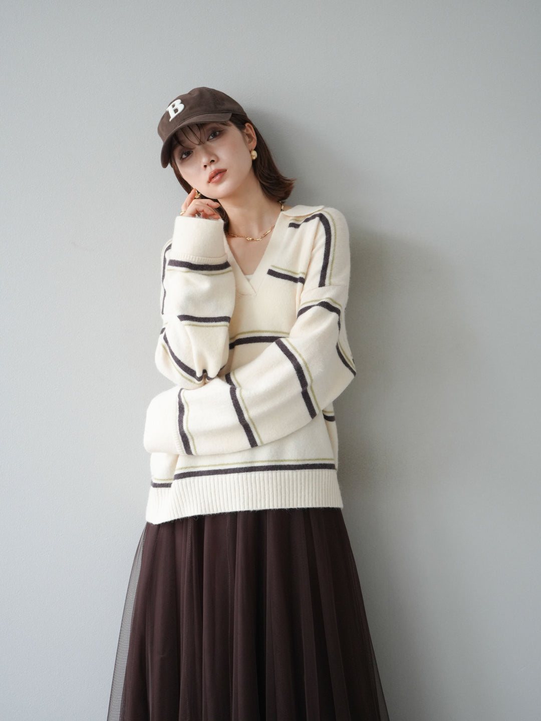 [SET]ポロ襟スキッパーボーダーニットプルオーバー+チュールボリュームスカート(2set)