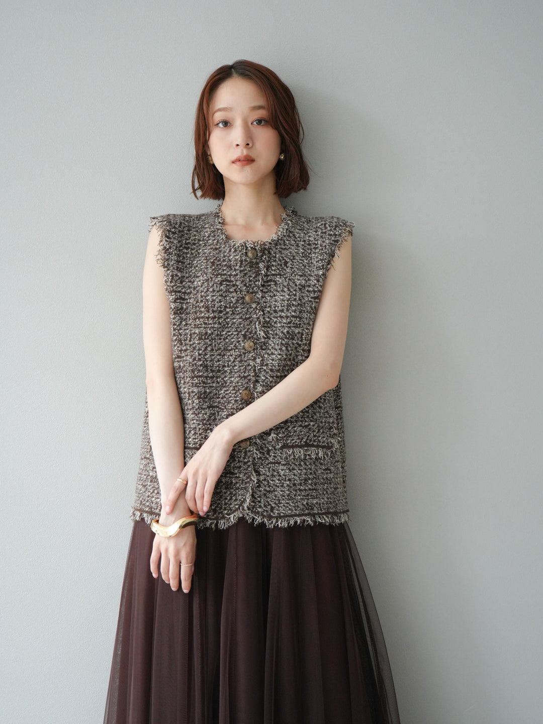 [予約]ミックスツイードフリンジニットベスト/ブラウン