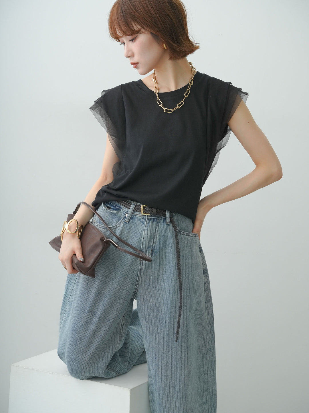 [SET]ショルダーチュールノースリTEE+ショルダーチュールノースリTEE(2set)