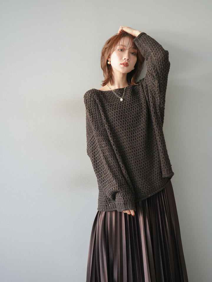 [予約]ネップ透かし編みオーバーニット/brown