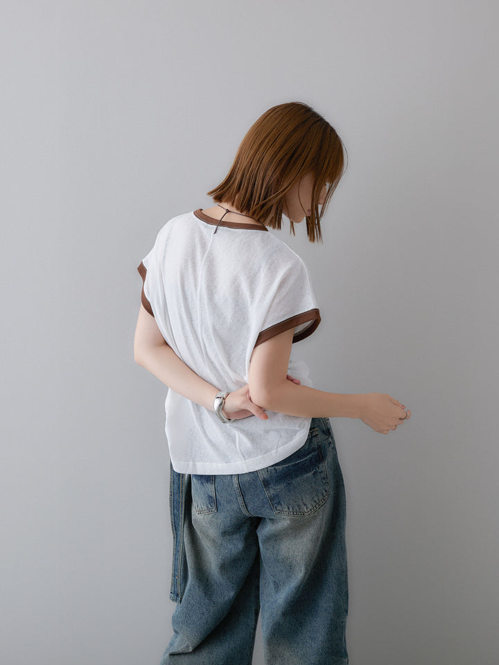 [SET]シアースラブバイカラーフレンチTEE+マルチポーチ付立体カーブデニム(2set)