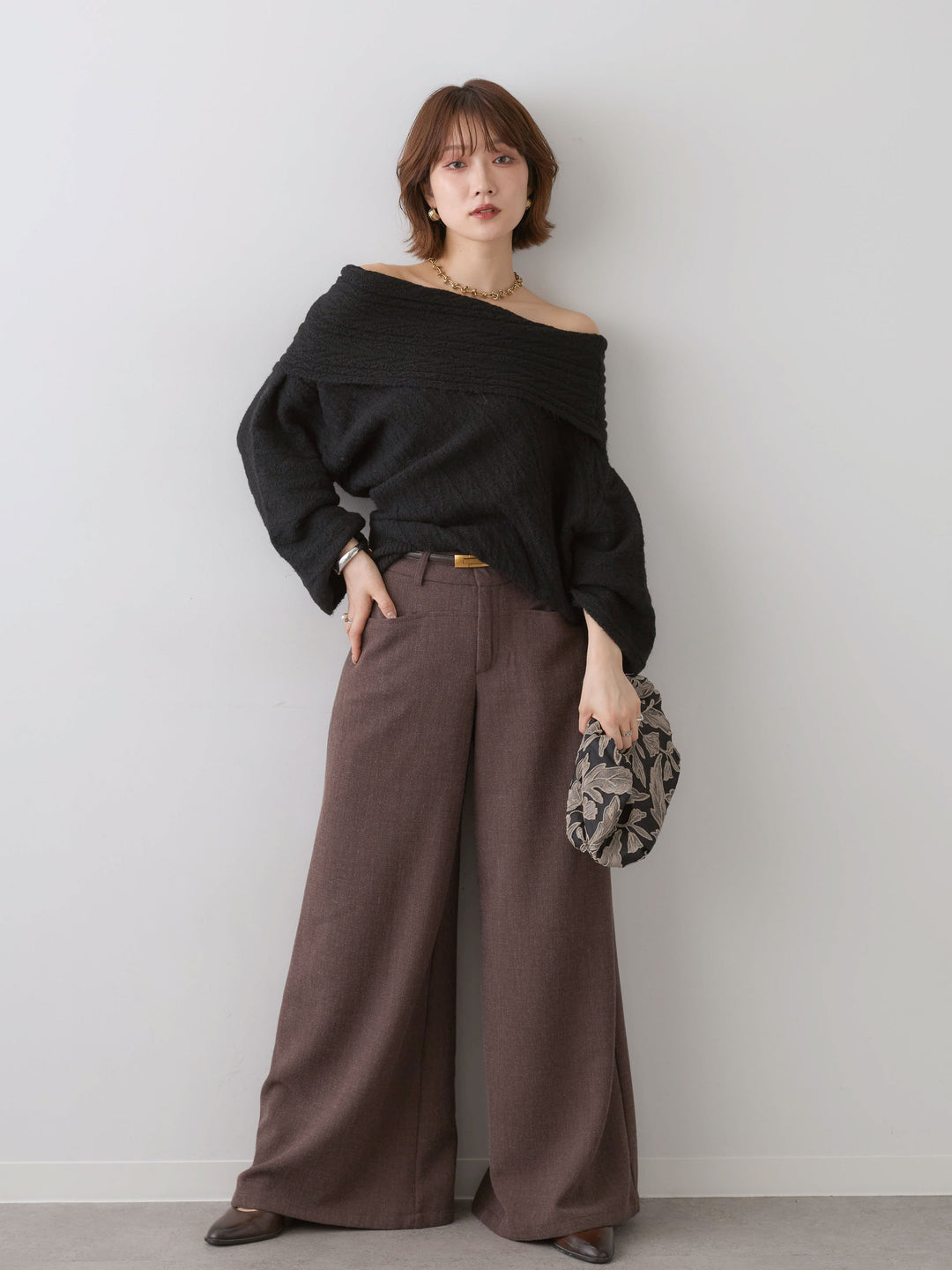 [SET]アシメデザインオフショルニットトップス+ベルト付ポケットデザインワイドストレートパンツ(2set)