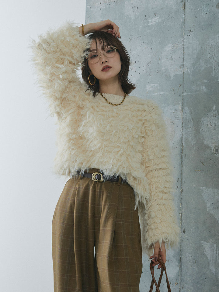 【Allure】[SET]ミックスシャギーループニットプルオーバー+杢チェックタックパンツ(2set)