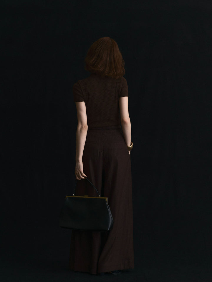 【Allure】[SET]デザインリブハーフニットトップス+ウールライクストライプワイドパンツ(2set)