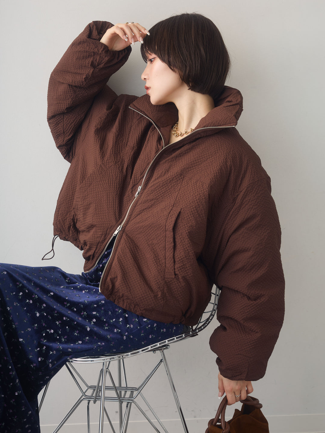 [予約]スタンドカラーショートパフジャケット/brown
