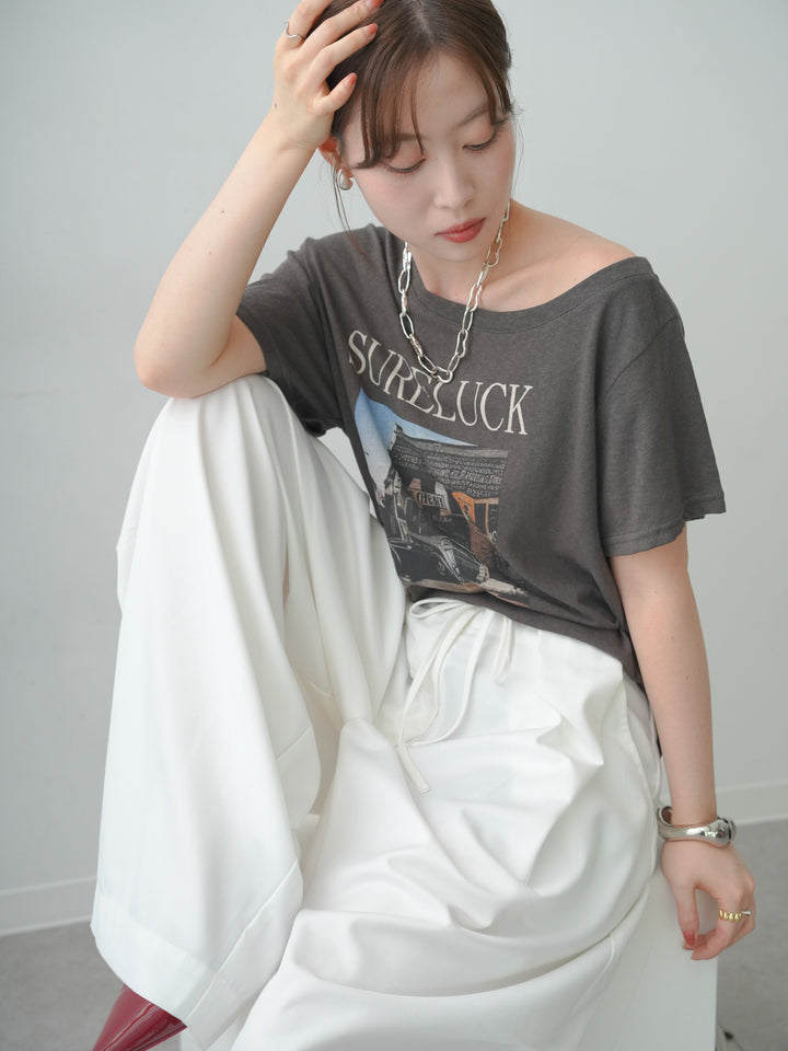 [SET]ワイドネックプリントTEE+ベルトループカーブタックワイドパンツ(2set)