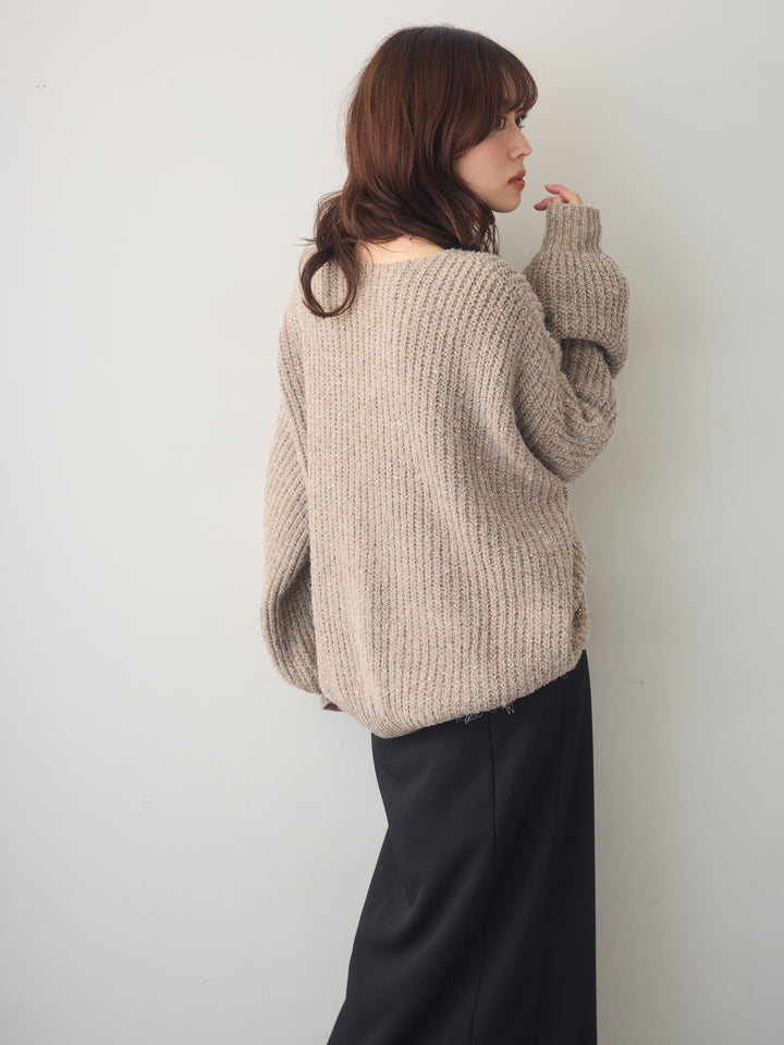 [SET]バルーンスリーブスパンリブニットトップス+クレープデシンフラップ付きストレートスカート(2set)
