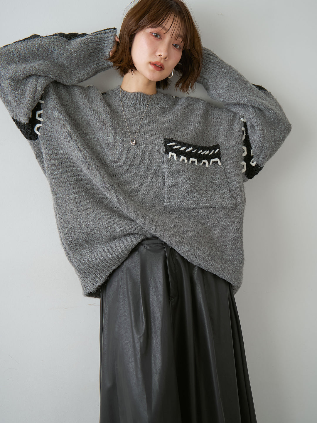 [予約]ハンドステッチデザインニットトップス/gray