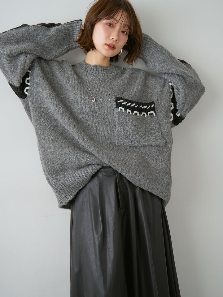 [予約]ハンドステッチデザインニットトップス/gray