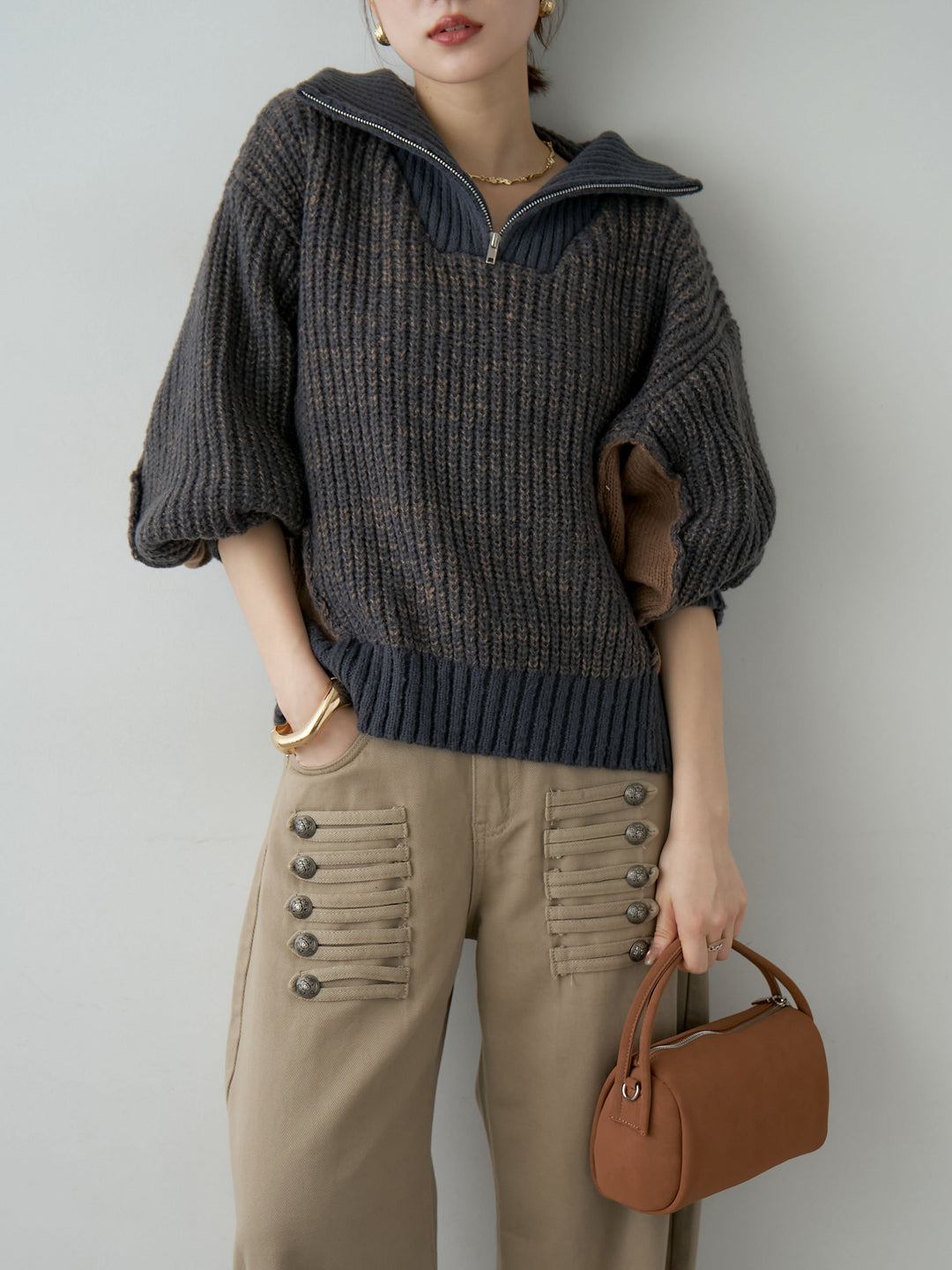 [SET]バイカラーハーフジップリブニットトップス+選べるアクセセット(2set)