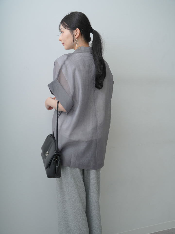 [SET]シアーオーバー半袖ジャケット+ショルダータックノースリーブオーバーTEE+リラックスドレープスウェットパンツ(3set)