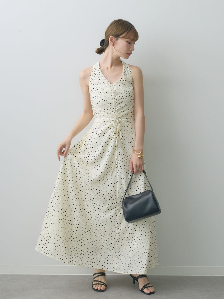 [SET]ホルターネックドット柄シャーリングデザインワンピース+選べるアクセセット(2set)
