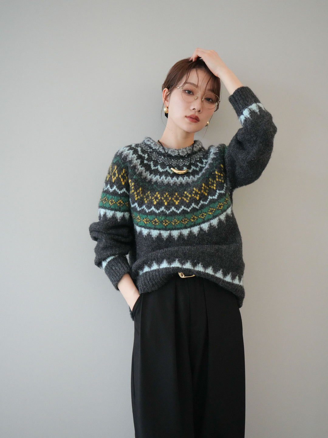 [予約]ウールタッチ求心柄オーバーニットプルオーバー/gray