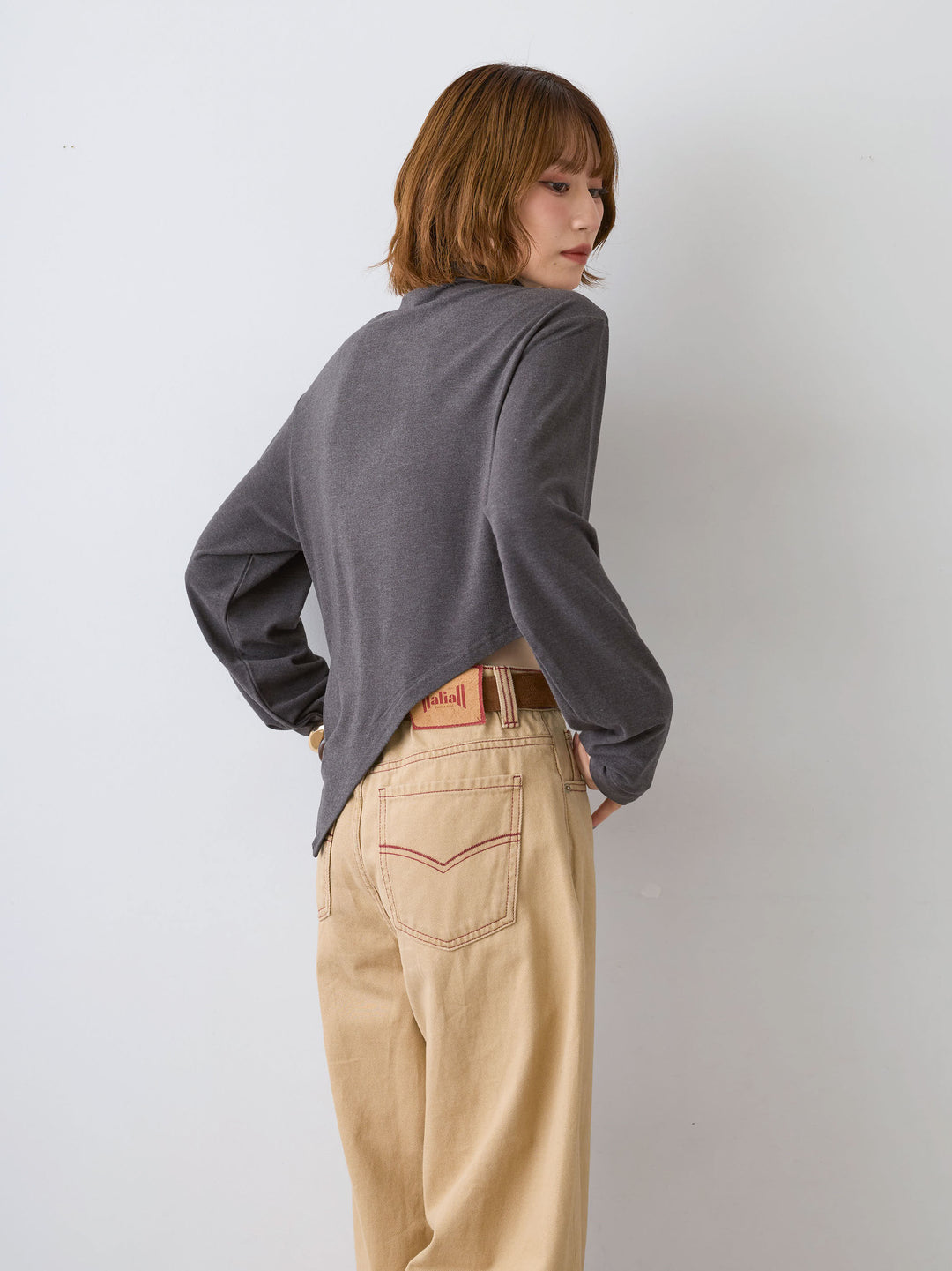 [SET]モックネックアシメヘムトップス+カラーステッチワイドパンツ(2set)