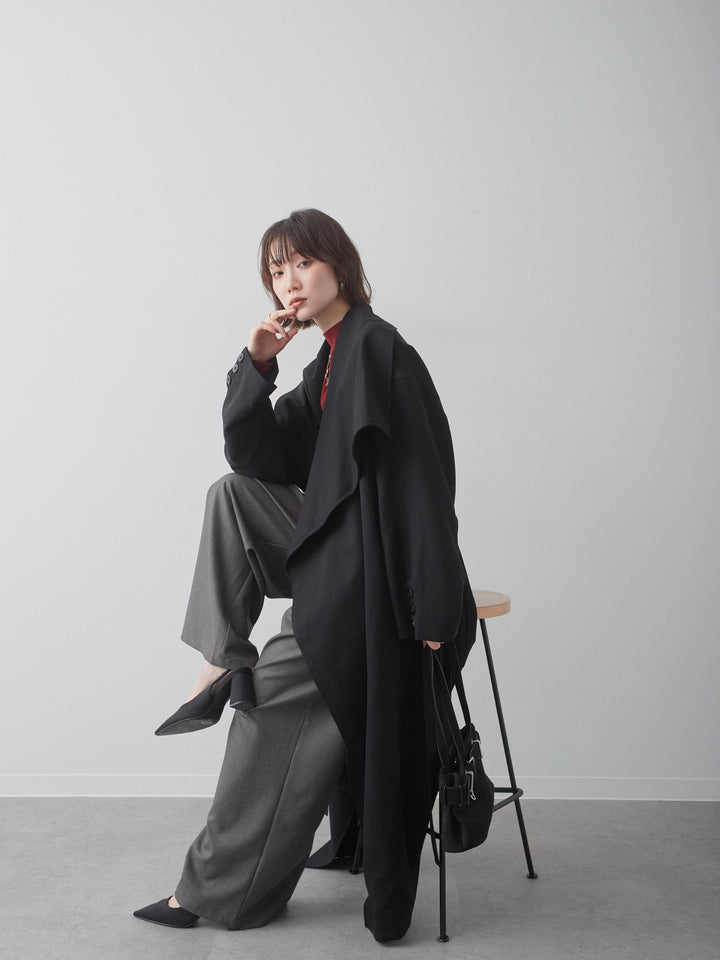 [予約]アシメドレープカラーロングコート/black