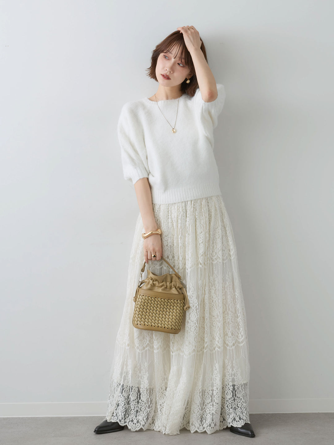 [SET]モヘアハーフプルオーバー+ベロアレースドレープフレアスカート(2set)