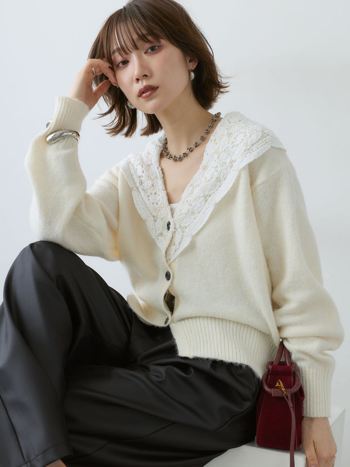 [SET]モヘアレースショールカラーカーディガン+選べるアクセセット(2set)
