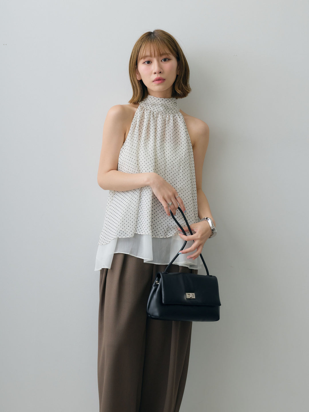 [SET]ドットレイヤードホルターブラウス+クレープデシンタックワイドパンツ(2set)