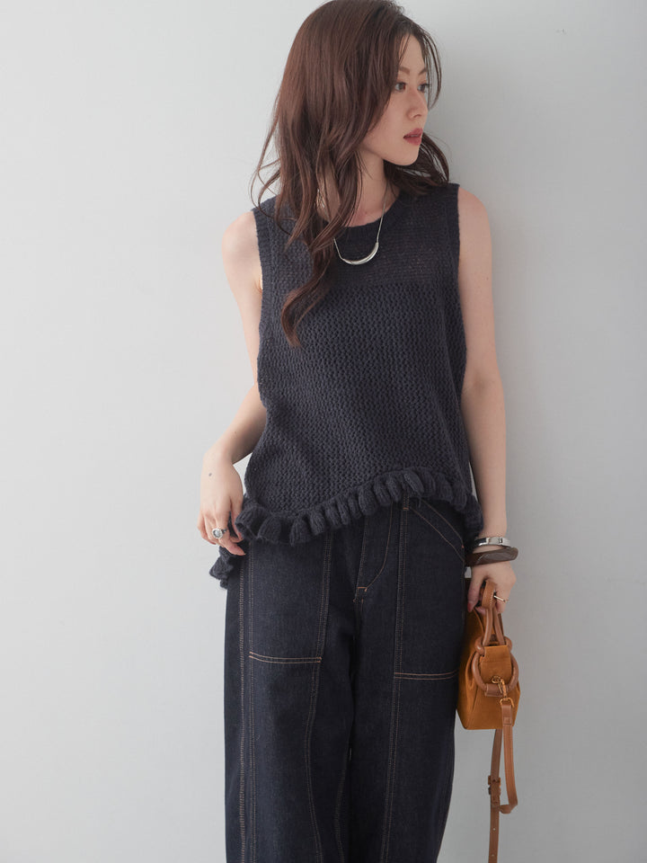 [予約]透かし編みヘムフリルノースリニットトップス/navy
