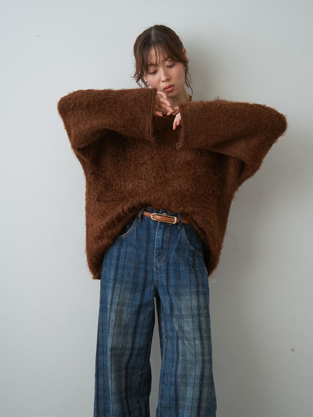 [予約]ボートネックシャギーオーバーニットトップス/brown