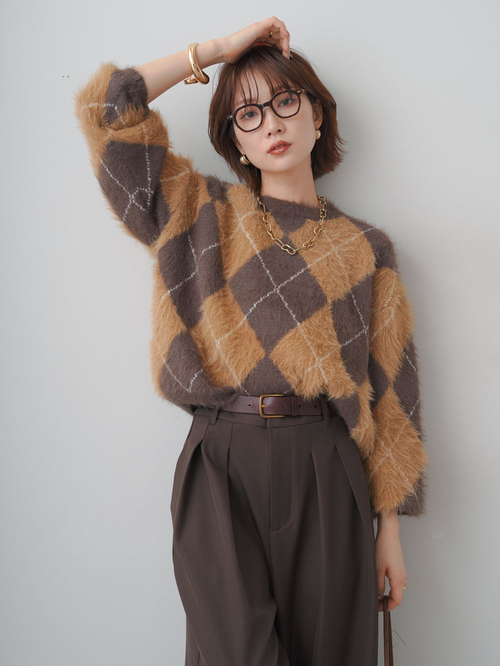 [予約]アーガイルシャギーニットトップス/brown