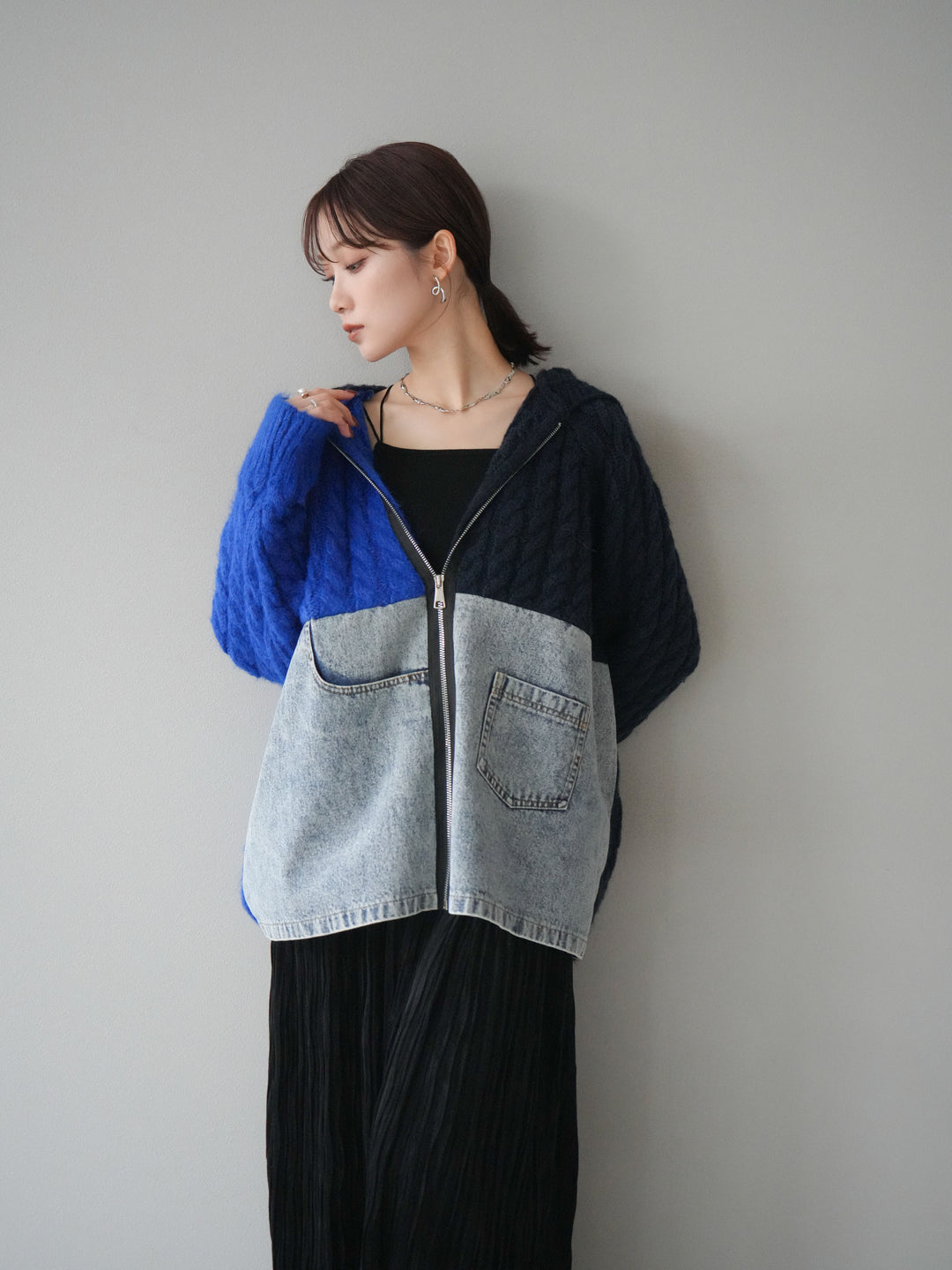 [予約]デニム×バイカラーニットZIPフーディ/blue