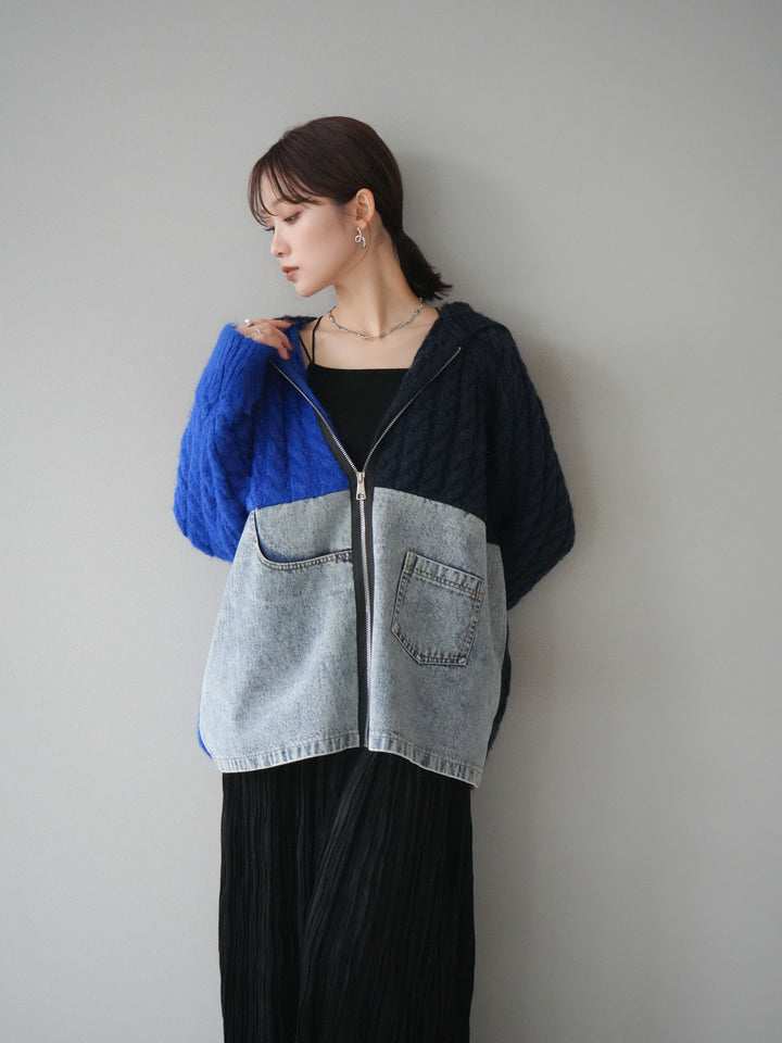 [予約]デニム×バイカラーニットZIPフーディ/blue
