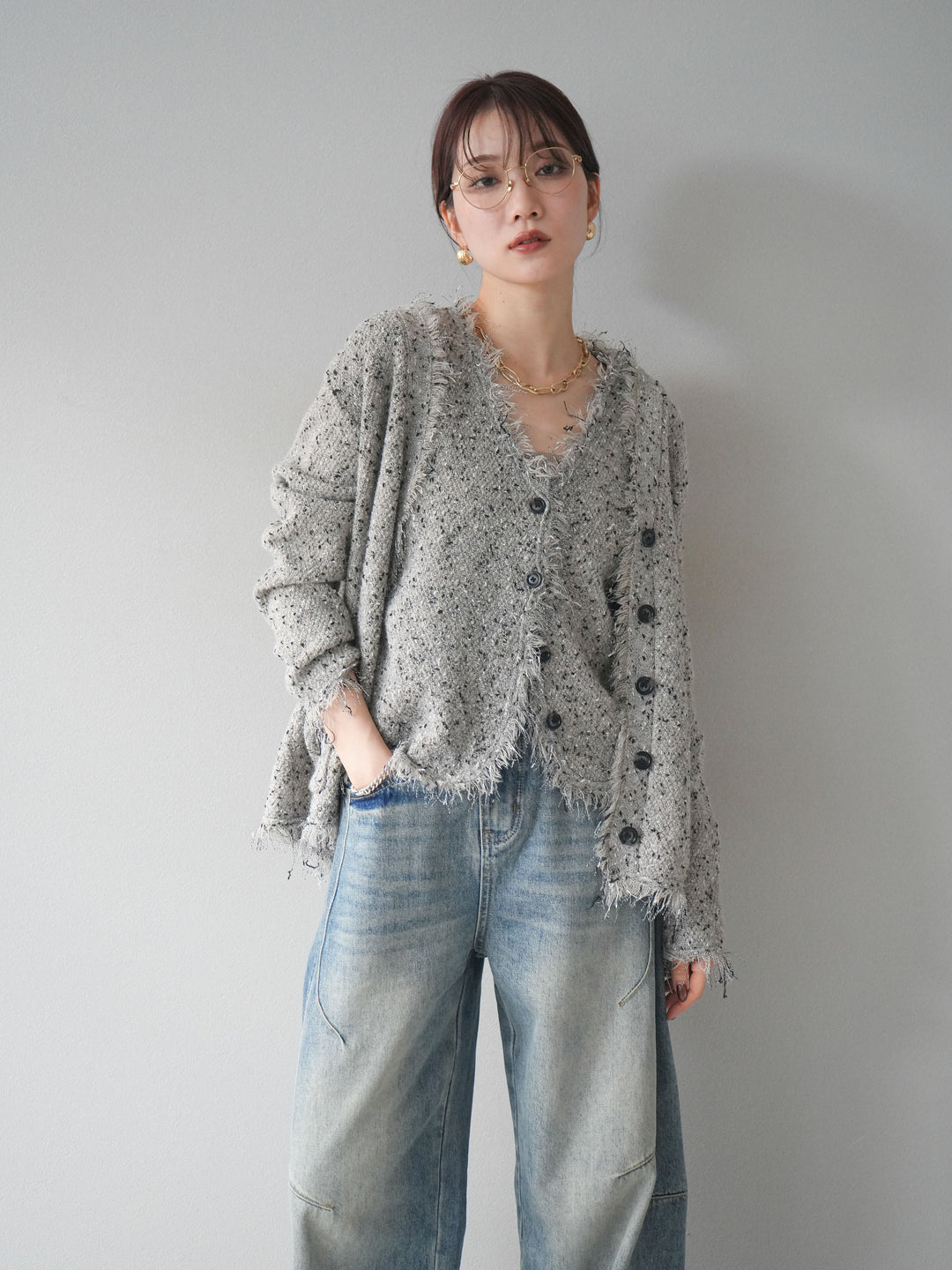[予約]ネップフリンジニットカーディガン/khaki