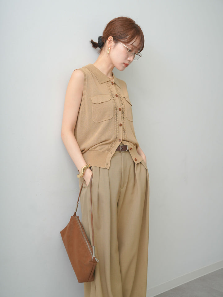 [予約]ダブルポケットポロニットトップス/beige
