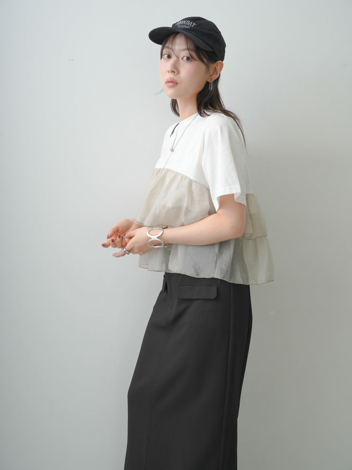 [SET]オーガンジーフリルドッキングTEE+クレープデシンフラップ付きストレートスカート(2set)