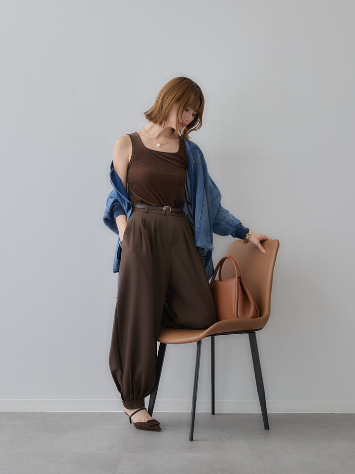 【套裝】透視蝙蝠袖牛仔襯衫+雙面絲絨背心+下擺紐扣繭型褲（三件套）